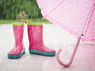 雨に打たれる子供用のピンクの傘と長ぐづの写真